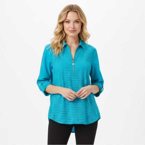Anne Klein Long Sleeve Teal Blue Green Zipper Cotton Blouse Fits like XL - Picture 1 of 11